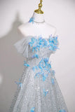 Silver Sequins & Blue Butterfly A Line Prom Dress