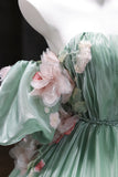 Green Tulle Flower Off The Shoulder A Line Prom Dress