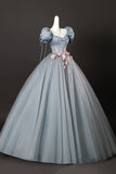 Gray Tulle Flowers A Line Short Sleeve Corset Prom Dress