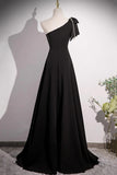 Black A Line One Shoulder Pearls Prom Dress