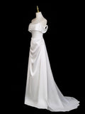 A Line Off Shoulder Satin White Ruched Prom Dress