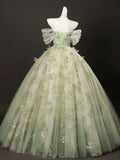 Off Shoulder Tulle Lace Green Floral A Line Prom Dress