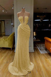 Ruched Silver Sequin Strapless Mermaid Prom Dress With Slit