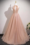 Pink Tulle Lace A Line Open Back  Prom Dress