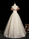 Off Shoulder Tulle Floral Champagne A Line  Prom Dress