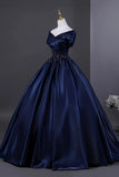 Navy Satin Beading Off the Shoulder A Line Prom Dress