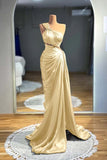 Draped Beading Satin Bronze Brown One Shoulder Prom Drss