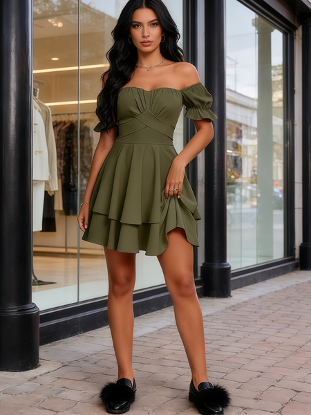 Green Wrap Layer Ruffle Short Sleeve Off Shoulder Mini Dress