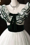 White Tulle & Green Pattern Ruffles Prom Dress