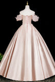 A-Line Off the Shoulder Pink Satin Flower Prom Dress