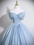 Off The Shoulder Satin Blue Corset A Line Prom Dress