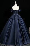 Navy Blue Satin Off Shoulder Ball Gown Bow Prom Dress