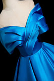 Ruffled Blue Satin Off The Shoulder Ball Gown Prom Dress