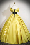 Yellow Satin Black Lace A Line Off the Shoulder Prom Dress