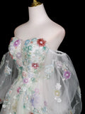 Long Sleeves Tulle White Floral A Line Prom Dress