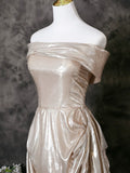 A-Line Off Shoulder Champagne Satin Prom Dress