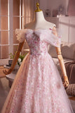Pink Flower Tulle Off the Shoulder Prom Dress