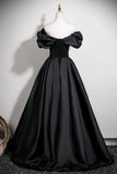 Black Off the Shoulder A Line Satin Prom Dress