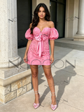 Pink Lace Sheath Column Puffy Sleeve Homecoming Dress
