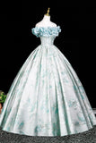 Floral Print Blue Pearl Printing Off The Shoulder Prom Dress