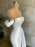 Draped Train Ivory Off The Shoulder Satin Mermaid Prom Dress