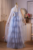 Blue Flower Layers Beading Butterfly Prom Dress