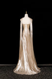 Champagne Mermaid Strapless Ruched Sweep Train Prom Dress
