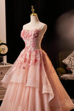 Pink Flower Strapless A Line Ruffles Prom Dress