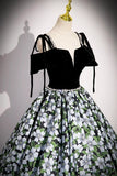 Black Velvet Floral Pattern A Line Prom Dress