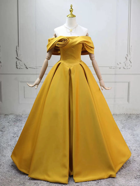 A-Line Off Shoulder Satin Flower Yellow Prom Dress
