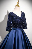 Navy Satin Sequins V Neck Half Sleeve Prom Dress