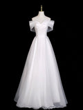 A-Line Off Shoulder Organza Ruched White Prom Dress