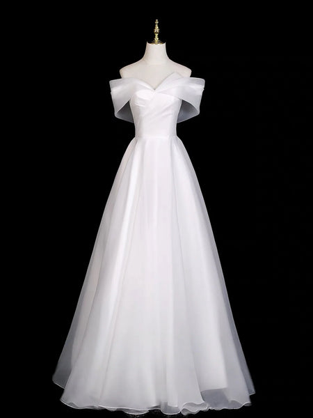 A-Line Off Shoulder Organza Ruched White Prom Dress