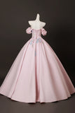 Pink Satin Lace A Line Off the Shoulder Appliques Prom Dress