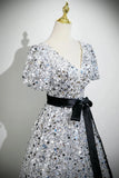 Silver Sequin A Line V Neck Short Sleeves Prom Dress