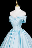 Blue A Line Backless Satin Off The Shoulder Prom Dress