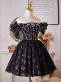 A-Line Off Shoulder Tulle Beads Black Homecoming Dress