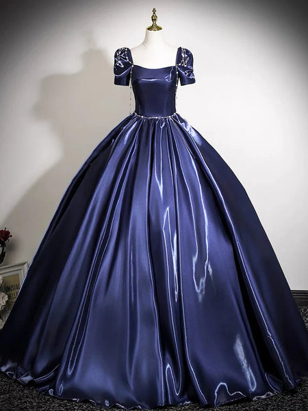 A-Line Puff Sleeves Dark Blue Satin Prom Dress