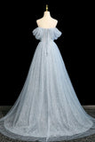 A Line Blue Tulle Flowers Off The Shoulder Prom Dress