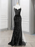 Mermaid Sequin Burgundy Spaghetti Straps Backless Prom Dress