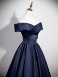 Off Shoulder Satin Dark Blue A Line Prom Dress