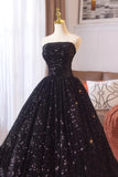 Spark Strapless Black Sequins A Line Prom Dress