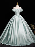 Off Shoulder Satin Light Green A Line Prom Dress