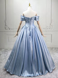 A-line Off Shoulder Satin Blue Ruched Prom Dress