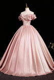 Pink Satin A Line Ruffles Off The Shoulder Prom Dress