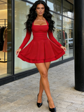 Square Neck Ruffle Hem Long Sleeve Mini Dress