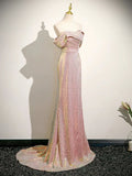 Off Shoulder Sequin Sparkle Mermaid Pink Prom Dress