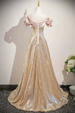 A Line Off the Shoulder Champagne Sequin Prom Dress