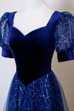 Blue Velvet & Tulle Sequin A Line Prom Dress