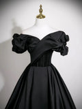 Off Shoulder Satin A Line Black Ruffles Prom Dress